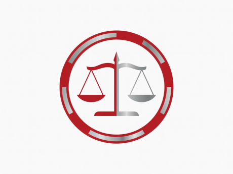 Flat vector illustration showing an archival film seal of standards with balance scales in crimson and silver