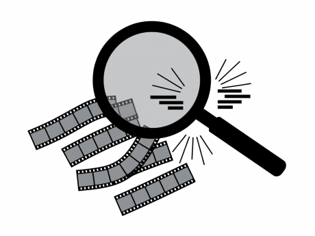 Flat vector illustration showing an inspection magnifying glass inspecting film celluloid strips
