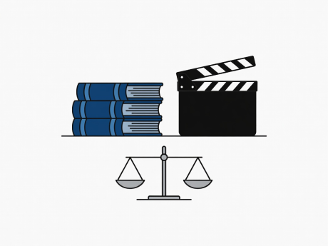 Flat vector illustration showing legal codex documents alongside a cinema clapperboard