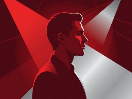 Flat vector illustration showing an actor profile highlighted under directional stage and cinema lighting in crimson and silver