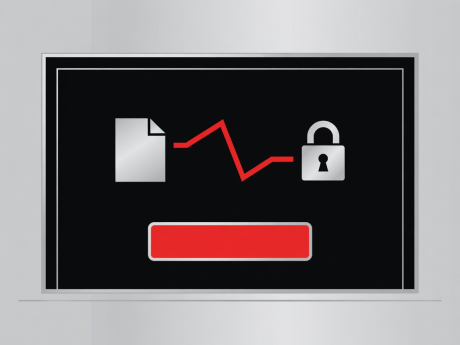Flat vector illustration showing an encrypted manuscript submission console in silver, black, and red