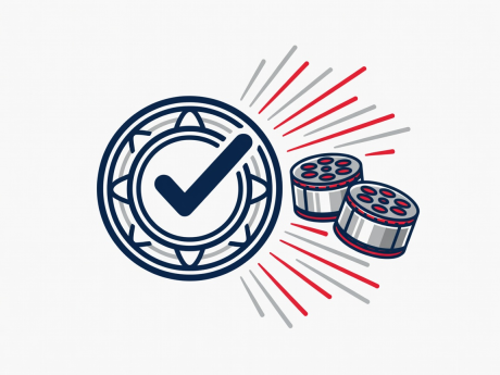 Flat vector illustration showing an official verification stamp alongside cinema reel canisters in silver and crimson