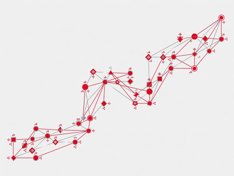 Flat vector illustration showing the chronological path of film trends through online nodes in red and silver